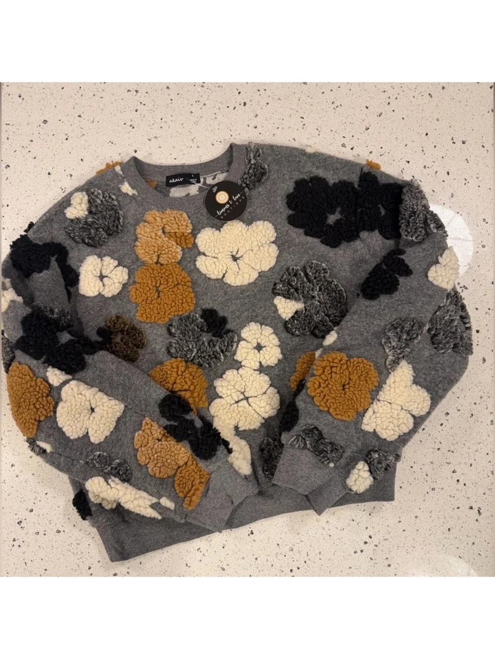 Floral Appliqué Grey Pullover Sweater